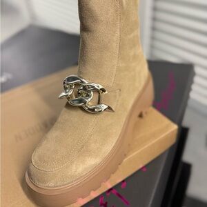 Women's Tan Suede Boots with Silver Chain Detail